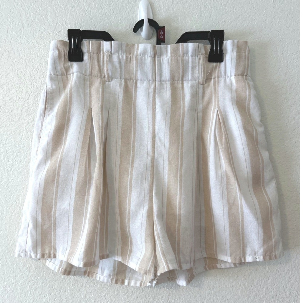 Tan White Striped Paperbag Waist‎ Shorts Blue Rain Francesca's Pleated Large